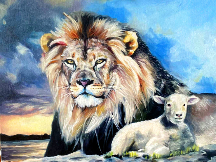 THE LION AND THE LAMB Original Oil Painting by Samuel Morales